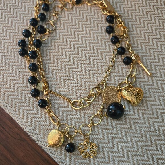 Long gold chain necklace with black beads - Picture 4 of 5